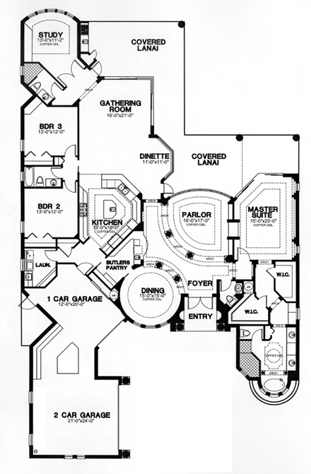 Mediterranean, One-Story House Plan 58901 with 3 Beds, 3 Baths, 3 Car Garage First Level Plan