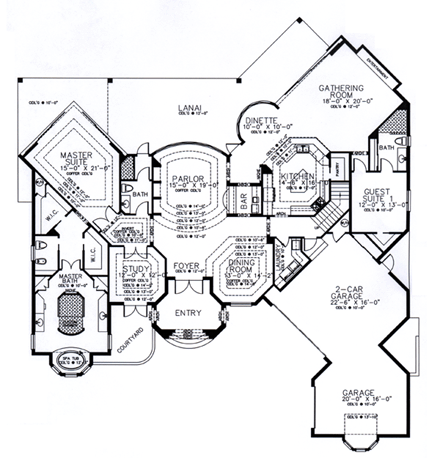Florida House Plan 58902 with 4 Beds, 5 Baths, 3 Car Garage First Level Plan