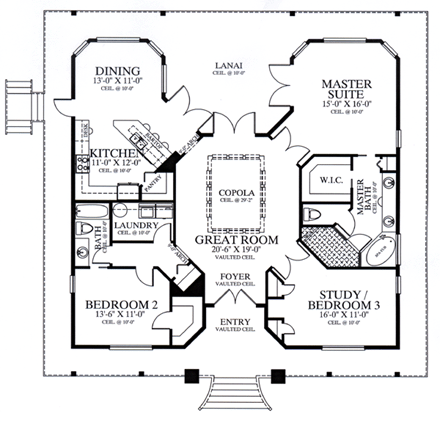 Florida House Plan 58903 with 3 Beds, 2 Baths First Level Plan
