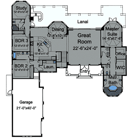 Florida House Plan 58905 with 4 Beds, 5 Baths, 3 Car Garage First Level Plan