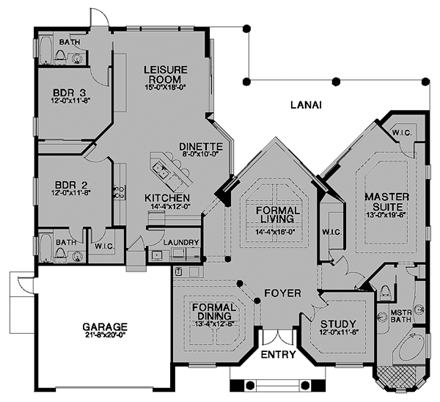 Florida, One-Story House Plan 58908 with 3 Beds, 3 Baths, 2 Car Garage First Level Plan