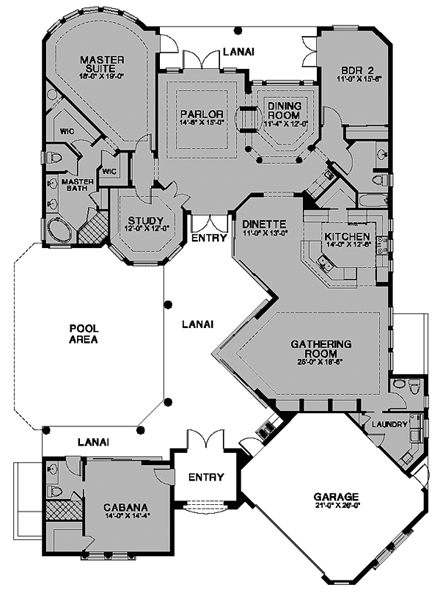 Florida, One-Story House Plan 58909 with 3 Beds, 4 Baths, 2 Car Garage First Level Plan
