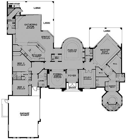 Florida, One-Story House Plan 58911 with 3 Beds, 4 Baths, 3 Car Garage First Level Plan