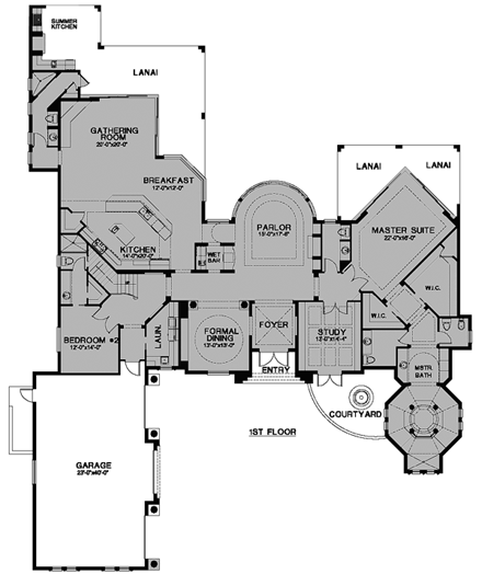 Florida House Plan 58912 with 4 Beds, 6 Baths, 3 Car Garage First Level Plan