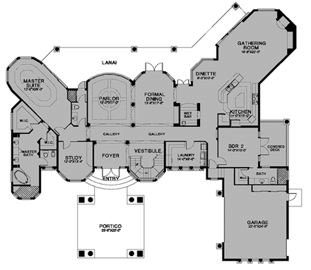 Florida House Plan 58913 with 4 Beds, 5 Baths, 2 Car Garage First Level Plan