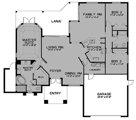 Florida, One-Story House Plan 58914 with 3 Beds, 2 Baths, 2 Car Garage First Level Plan