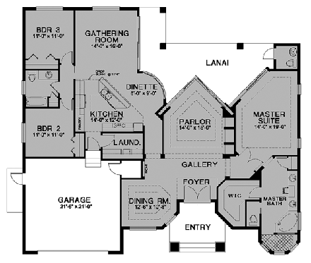 Florida, One-Story House Plan 58915 with 3 Beds, 3 Baths, 2 Car Garage First Level Plan