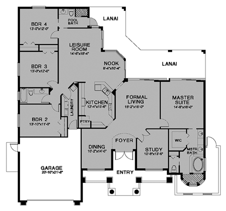 Florida, One-Story House Plan 58916 with 4 Beds, 3 Baths, 2 Car Garage First Level Plan