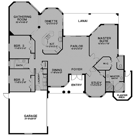 Florida, One-Story House Plan 58917 with 3 Beds, 2 Baths, 2 Car Garage First Level Plan