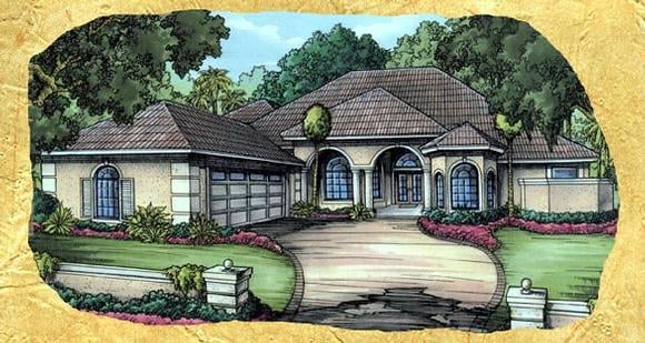 Florida, One-Story House Plan 58917 with 3 Beds, 2 Baths, 2 Car Garage Elevation