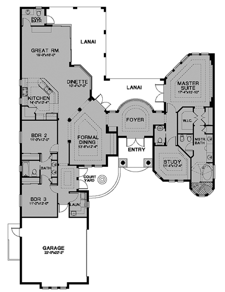 Florida House Plan 58918 with 3 Beds, 4 Baths, 2 Car Garage First Level Plan