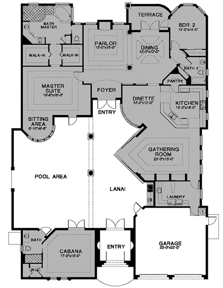 Florida, One-Story House Plan 58919 with 4 Beds, 4 Baths, 2 Car Garage First Level Plan