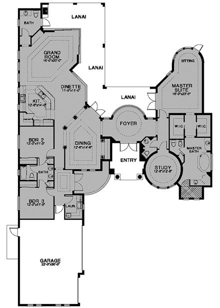 Florida, One-Story House Plan 58921 with 3 Beds, 4 Baths, 3 Car Garage First Level Plan