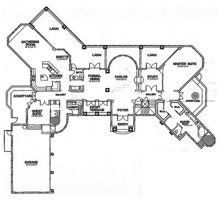 Florida House Plan 58925 with 4 Beds, 5 Baths, 3 Car Garage First Level Plan