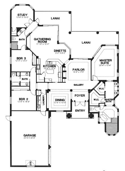 Florida, One-Story House Plan 58932 with 3 Beds, 3 Baths, 3 Car Garage First Level Plan