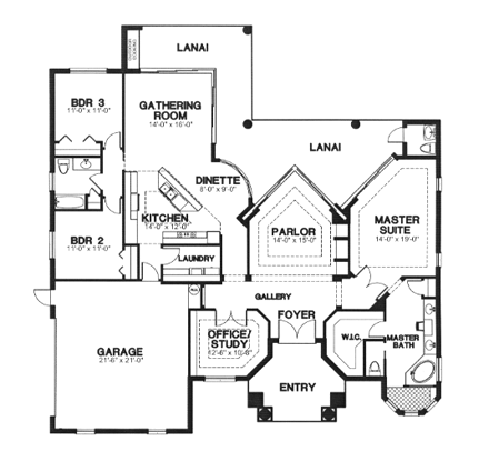 Florida, One-Story House Plan 58933 with 3 Beds, 3 Baths, 2 Car Garage First Level Plan