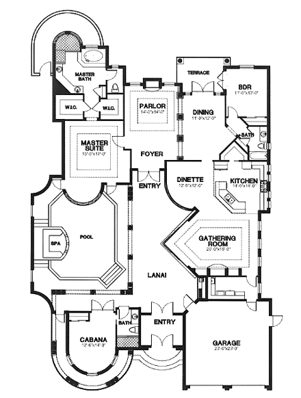 Florida, One-Story House Plan 58934 with 3 Beds, 3 Baths, 2 Car Garage First Level Plan