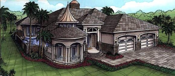 Florida, One-Story House Plan 58934 with 3 Beds, 3 Baths, 2 Car Garage Elevation