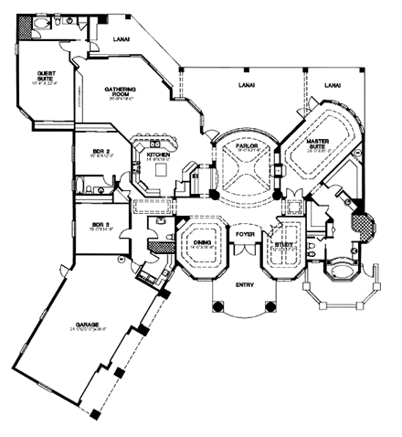 Florida, One-Story House Plan 58935 with 4 Beds, 4 Baths, 3 Car Garage First Level Plan