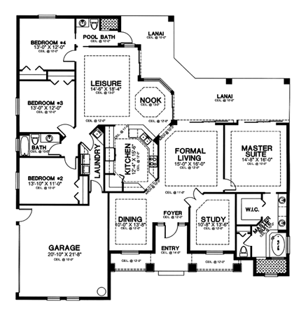 Florida, One-Story House Plan 58939 with 4 Beds, 3 Baths, 2 Car Garage First Level Plan