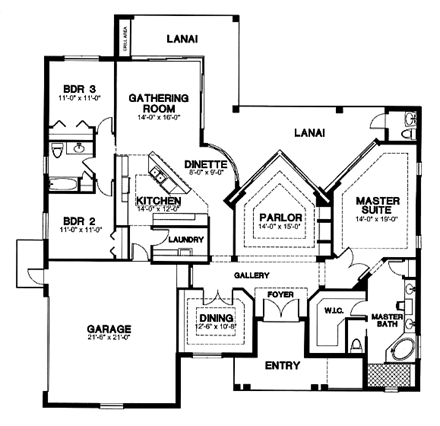European, One-Story House Plan 58940 with 3 Beds, 2 Baths, 2 Car Garage First Level Plan