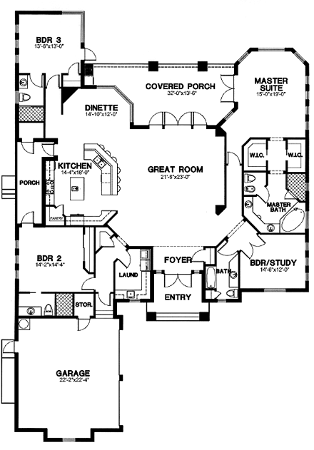 European, One-Story House Plan 58942 with 3 Beds, 3 Baths, 2 Car Garage First Level Plan