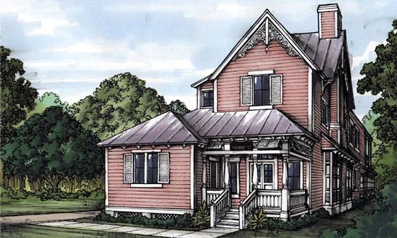 Narrow Lot, Victorian House Plan 58945 with 3 Beds, 4 Baths, 1 Car Garage Elevation
