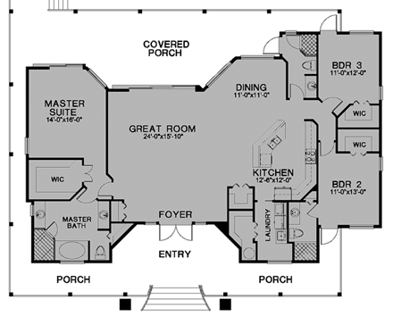 Florida, One-Story House Plan 58948 with 3 Beds, 3 Baths First Level Plan