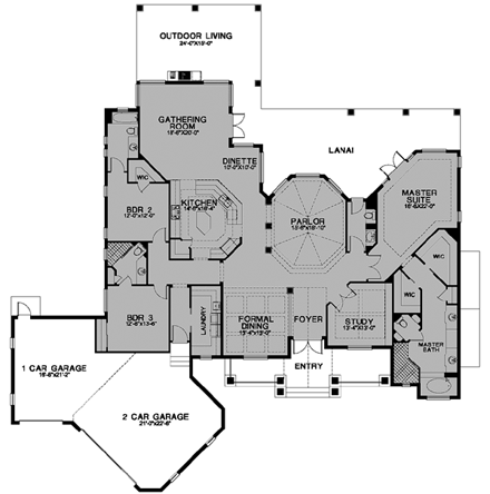 Florida, One-Story House Plan 58953 with 3 Beds, 4 Baths, 3 Car Garage First Level Plan