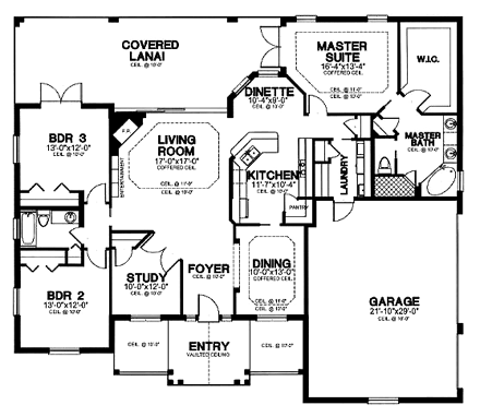 Florida, One-Story House Plan 58956 with 3 Beds, 2 Baths, 3 Car Garage First Level Plan