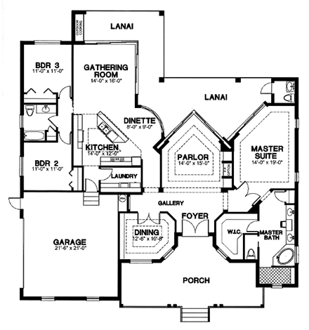 Florida, One-Story House Plan 58958 with 3 Beds, 2 Baths, 2 Car Garage First Level Plan