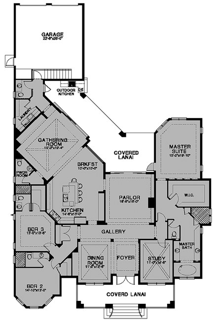 Florida, One-Story House Plan 58961 with 3 Beds, 5 Baths, 2 Car Garage First Level Plan