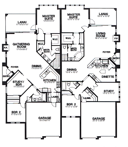 One-Story, Tudor Multi-Family Plan 58965 with 2 Beds, 2 Baths, 2 Car Garage First Level Plan