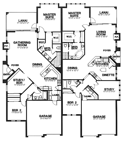 Contemporary, One-Story Multi-Family Plan 58966 with 2 Beds, 2 Baths, 2 Car Garage First Level Plan