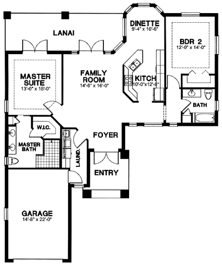 Florida, One-Story House Plan 58969 with 2 Beds, 2 Baths, 1 Car Garage First Level Plan