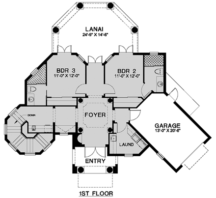 Florida House Plan 58971 with 3 Beds, 4 Baths, 1 Car Garage First Level Plan