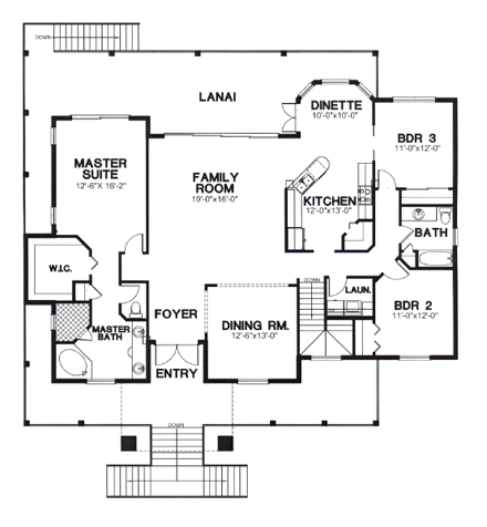 Coastal House Plan 58974 with 3 Beds, 2 Baths First Level Plan