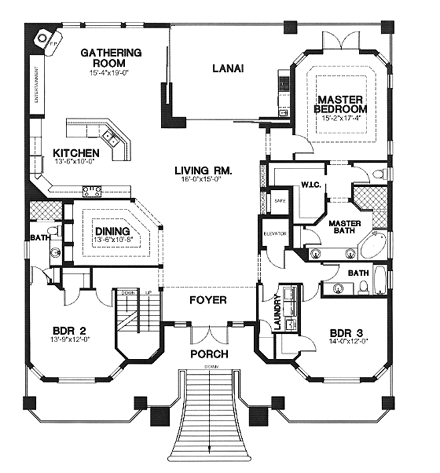 Florida House Plan 58975 with 3 Beds, 4 Baths, 3 Car Garage First Level Plan