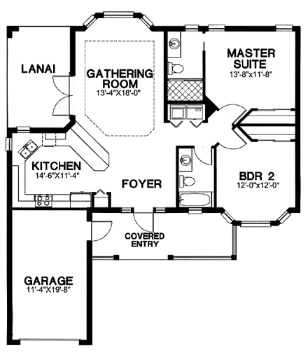 Florida, One-Story House Plan 58979 with 2 Beds, 2 Baths, 1 Car Garage First Level Plan