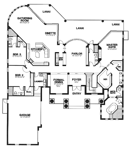 Colonial, Plantation House Plan 58980 with 5 Beds, 6 Baths, 3 Car Garage First Level Plan