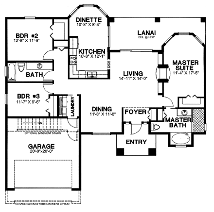 European, One-Story House Plan 58981 with 3 Beds, 2 Baths, 2 Car Garage First Level Plan