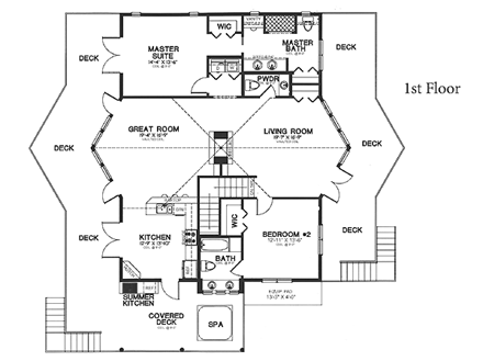Cabin, Log House Plan 58983 with 4 Beds, 4 Baths First Level Plan