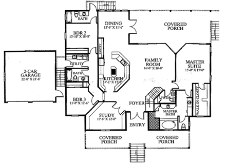 One-Story, Ranch House Plan 58987 with 3 Beds, 4 Baths, 2 Car Garage First Level Plan