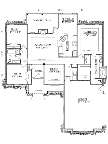 Bungalow, Cottage, Country, Craftsman, European, Southern, Traditional House Plan 58991 with 3 Beds, 2 Baths, 2 Car Garage First Level Plan