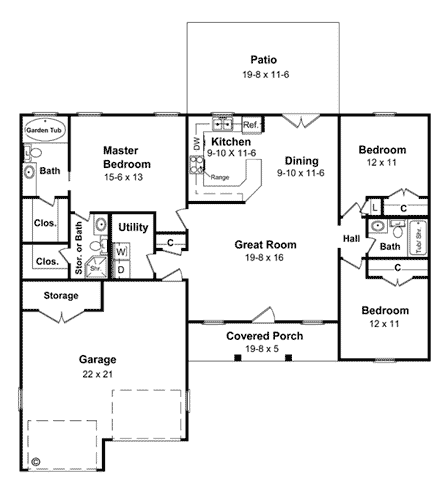 Cottage, Ranch, Traditional House Plan 59004 with 3 Beds, 2 Baths, 2 Car Garage First Level Plan