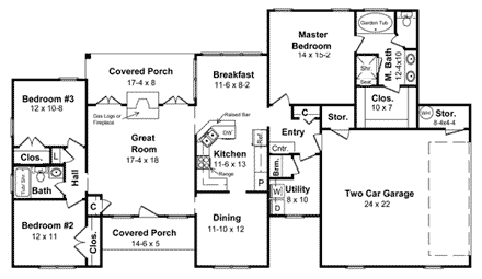 European House Plan 59007 with 3 Beds, 2 Baths, 2 Car Garage First Level Plan