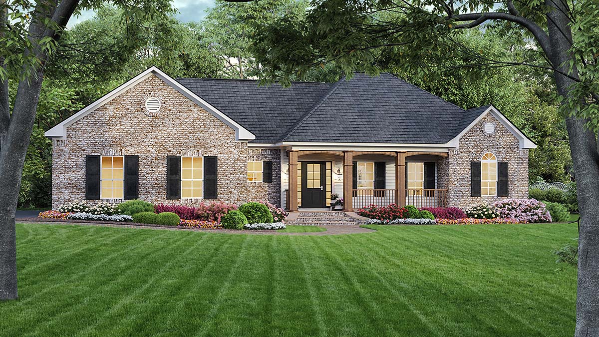 European, Ranch, Traditional House Plan 59008 with 3 Beds, 2 Baths, 2 Car Garage Elevation