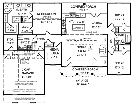 European, Ranch, Traditional House Plan 59010 with 3 Beds, 2 Baths, 2 Car Garage First Level Plan