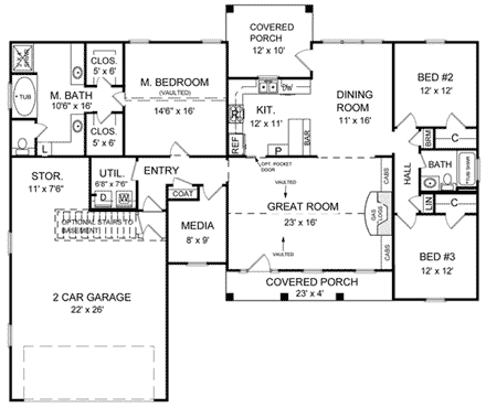 Country, Ranch, Traditional House Plan 59016 with 3 Beds, 2 Baths, 2 Car Garage First Level Plan