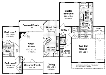 European, Ranch, Traditional House Plan 59019 with 3 Beds, 3 Baths, 2 Car Garage First Level Plan